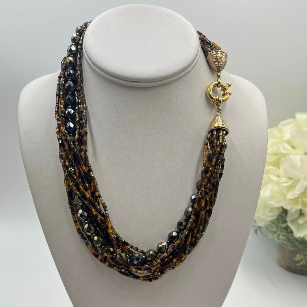 MultiStrand Brown Black Seed Bead Beaded Necklace Gold Tone Large‎ Closure